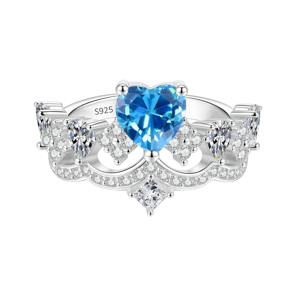 S925 Silver Heart and Crown Ring with Colorful Moissanite
