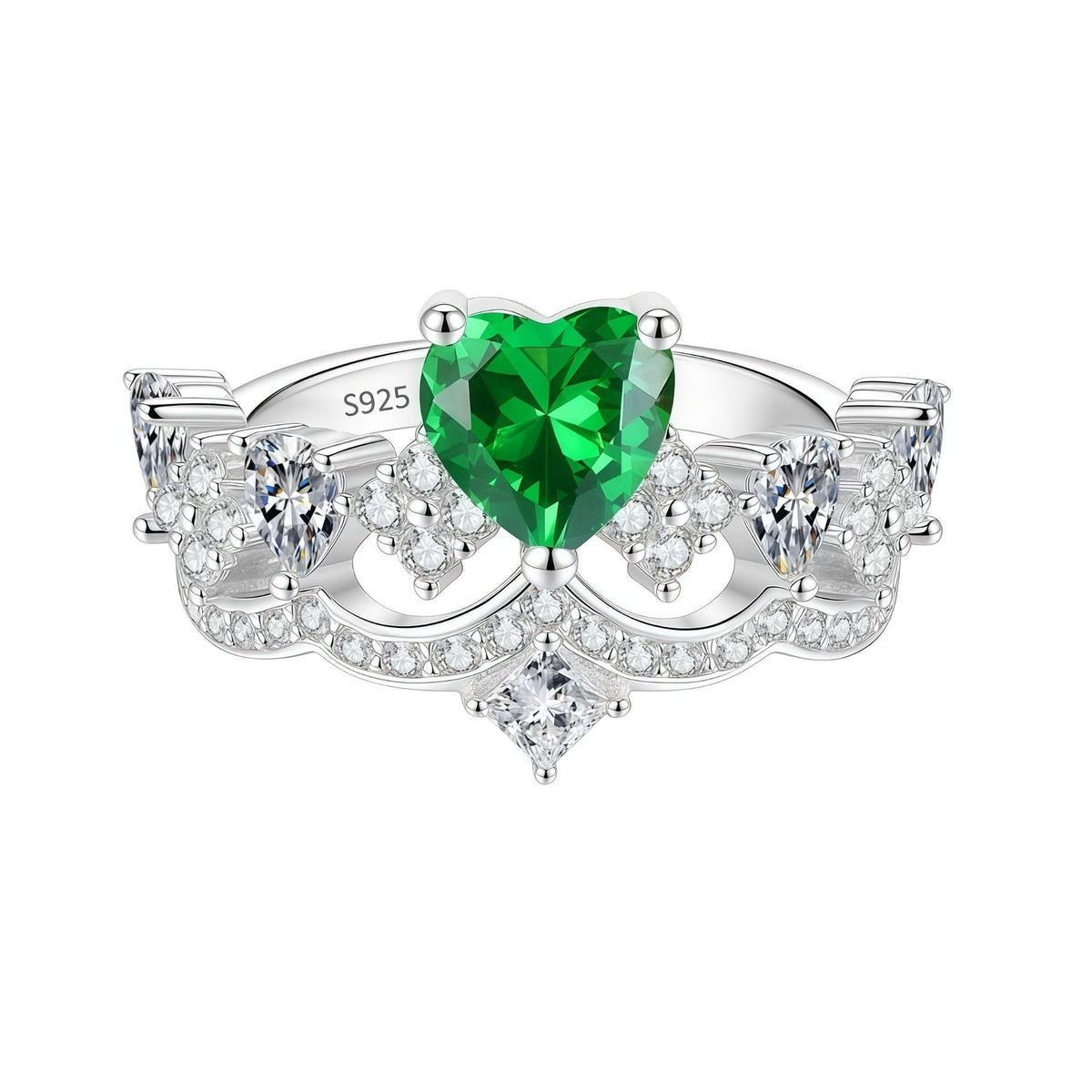 S925 Silver Heart and Crown Ring with Colorful Moissanite