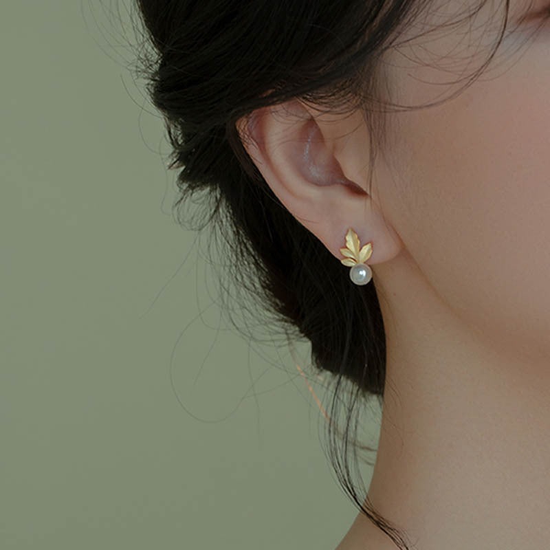 925 sterling silver freshwater pearl leaf earrings - golden