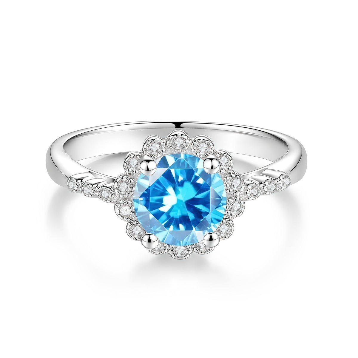 S925 Silver Flower Ring with Colored Moissanite
