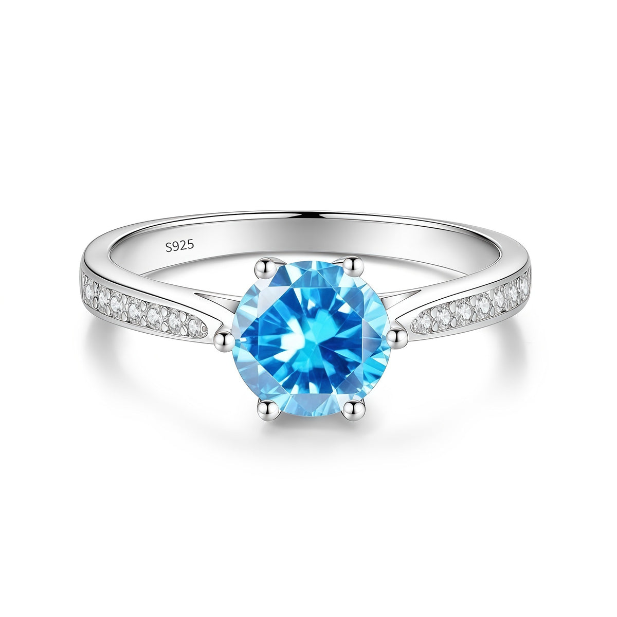 S925 Sterling Silver Six-Prong Round Colored Moissanite Ring