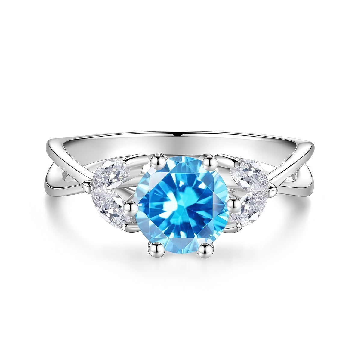 S925 Sterling Silver Six-Prong Round Colored Moissanite Ring