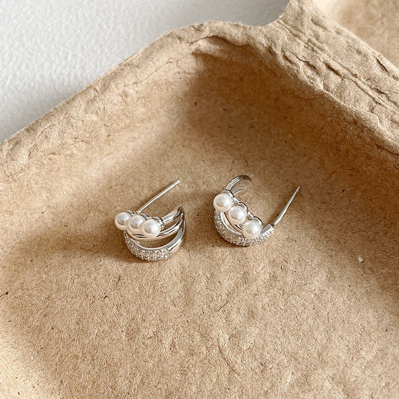 S925 pure silver U-shaped imitation pearl earrings