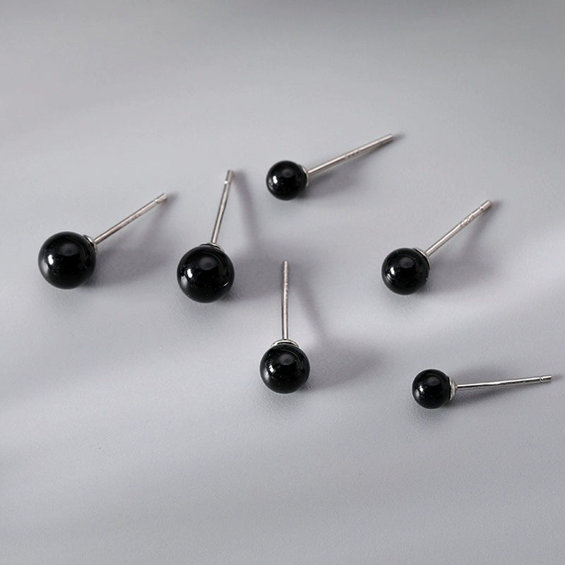 S925 sterling silver black agate earrings - silvery