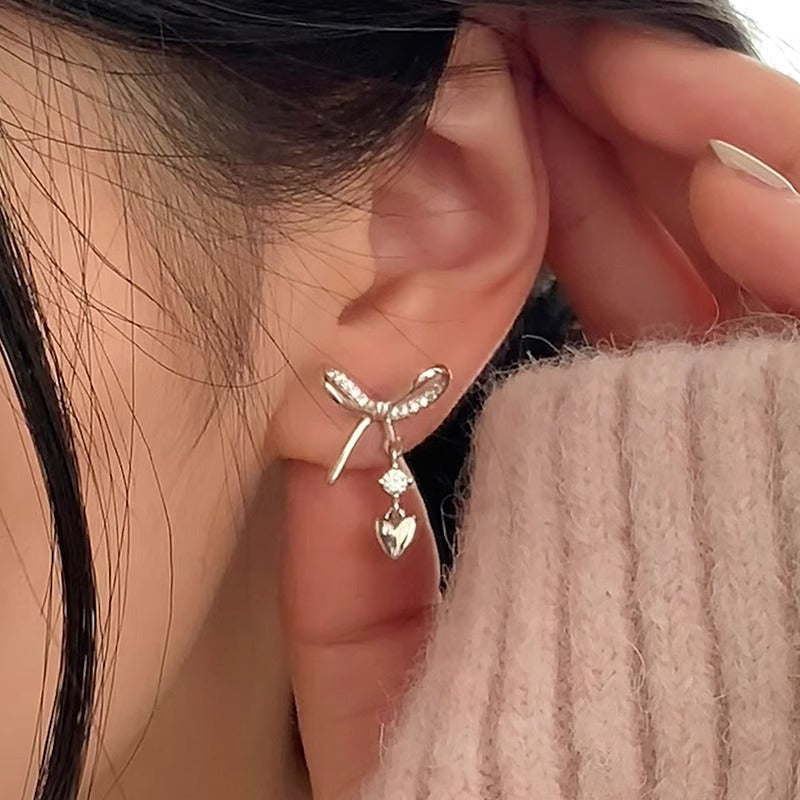 S925 sterling silver bow heart tassel earrings