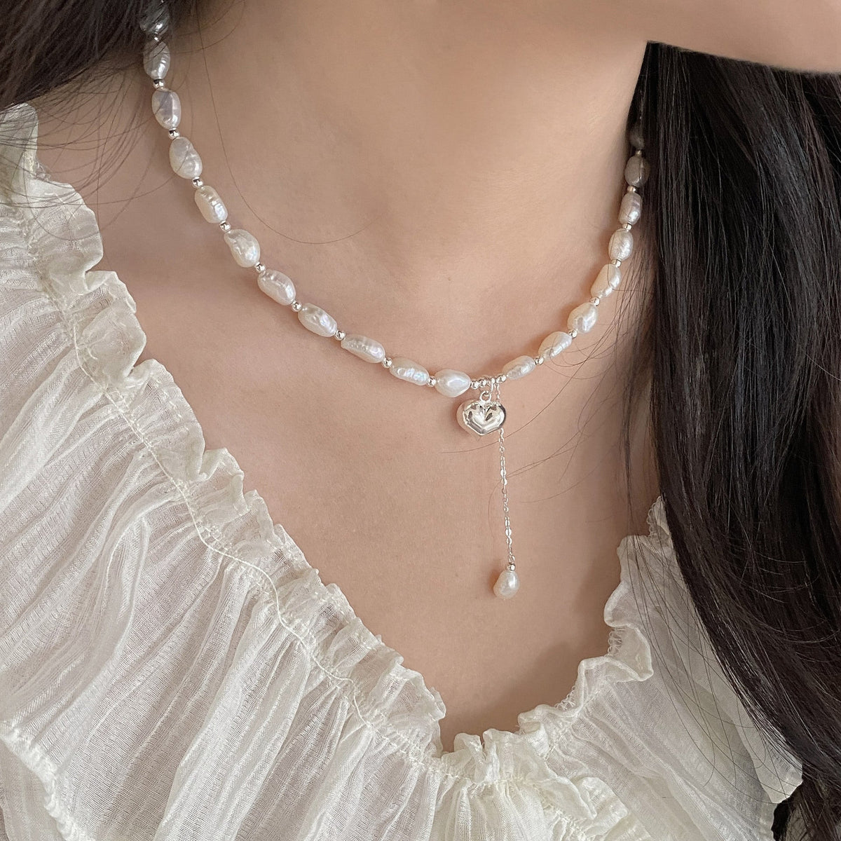 925 sterling silver Baroque pearl heart-shaped pendant necklace