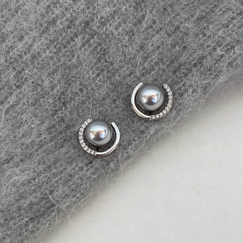 S925 sterling silver grey pearl earrings - silvery
