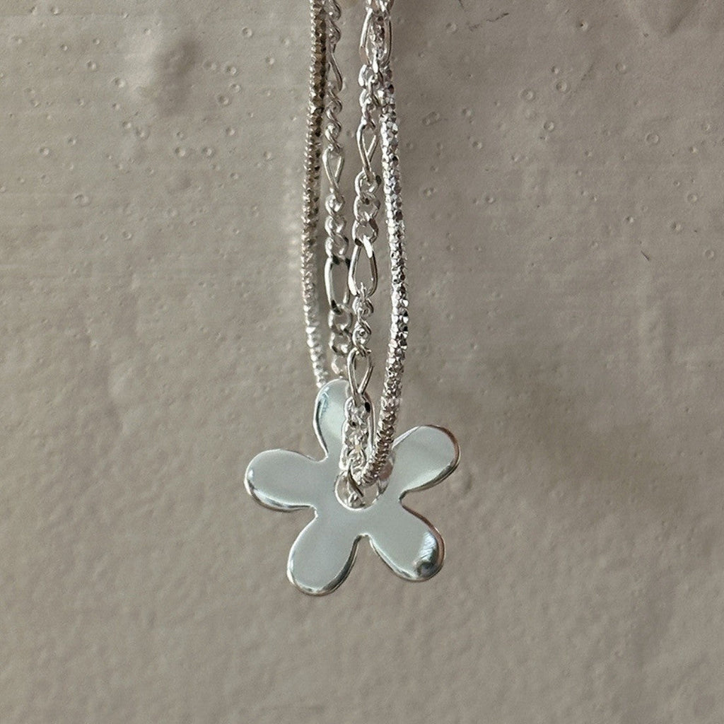 925 sterling silver flower shaped pendant double-layer bracelet - silvery