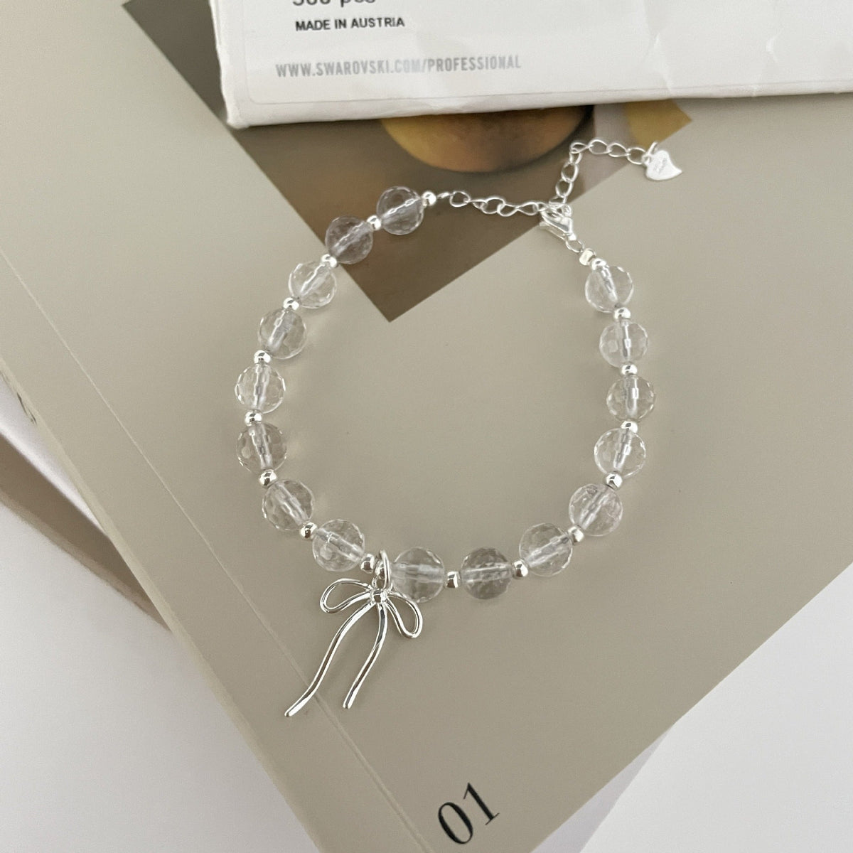 S925 sterling silver white crystal bow pendant bracelet