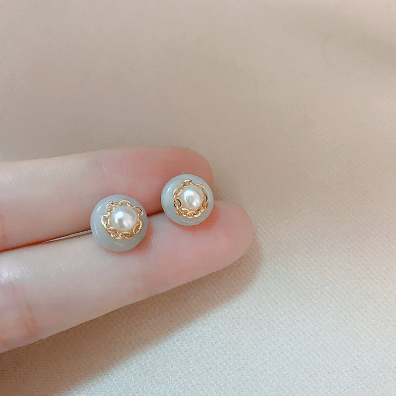 S925 sterling silver jadeite pearl earrings - golden