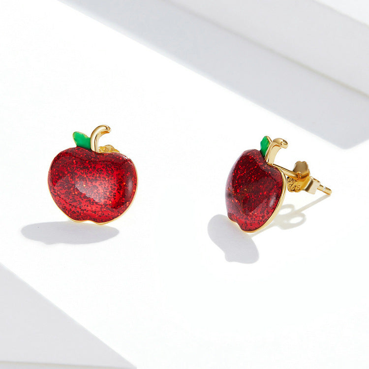 S925 Sterling Silver Christmas Red Enamel Apple Stud Earrings