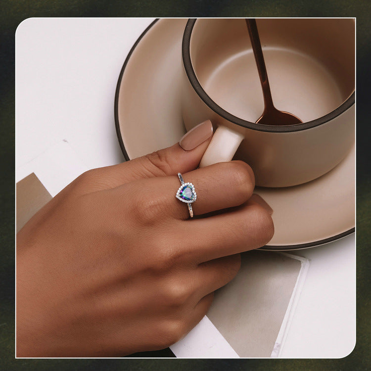 S925 Sterling Silver Halloween Colorful Heart Ring
