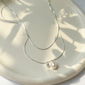 925 sterling silver freshwater pearl double layered necklace - silvery