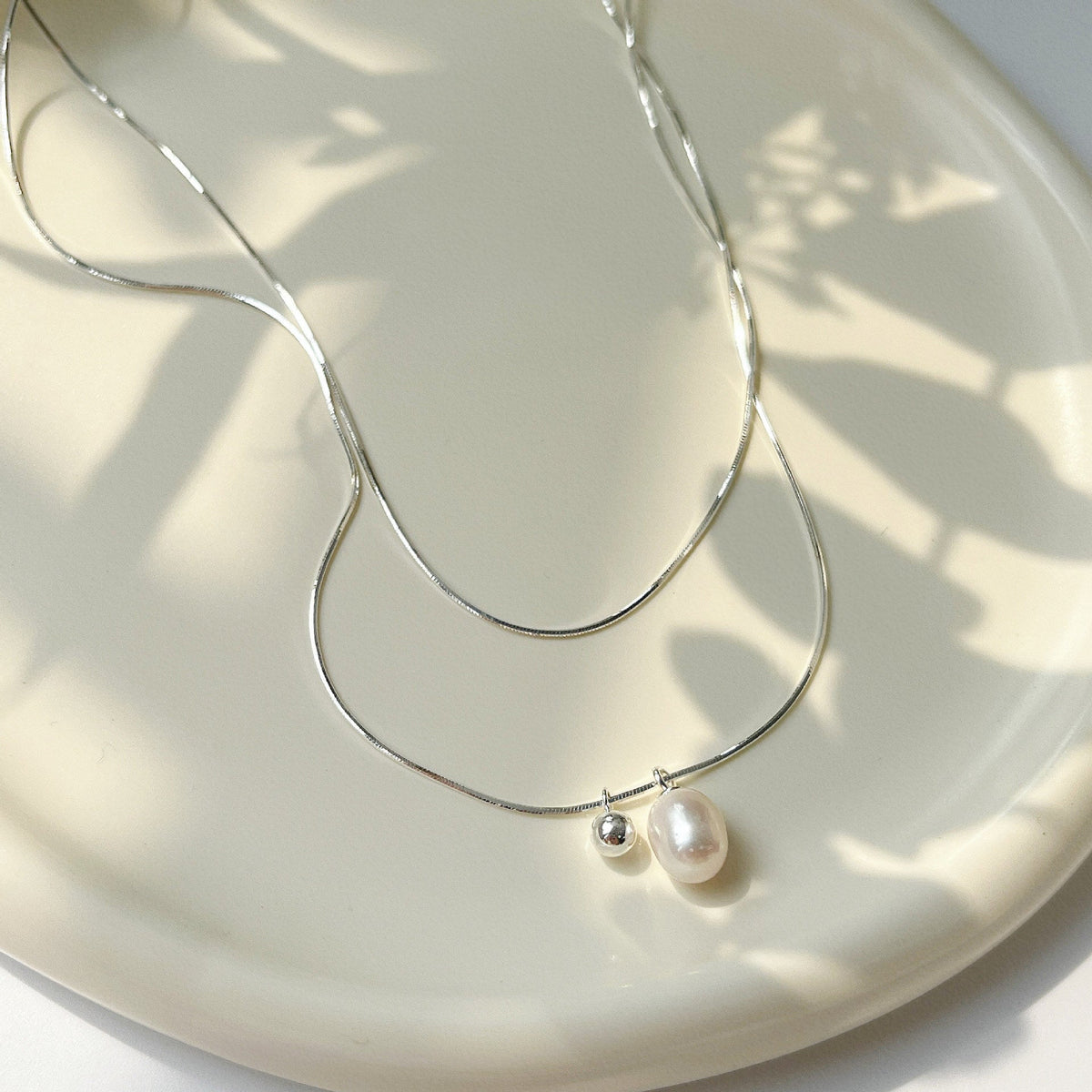 925 sterling silver freshwater pearl double layered necklace - silvery