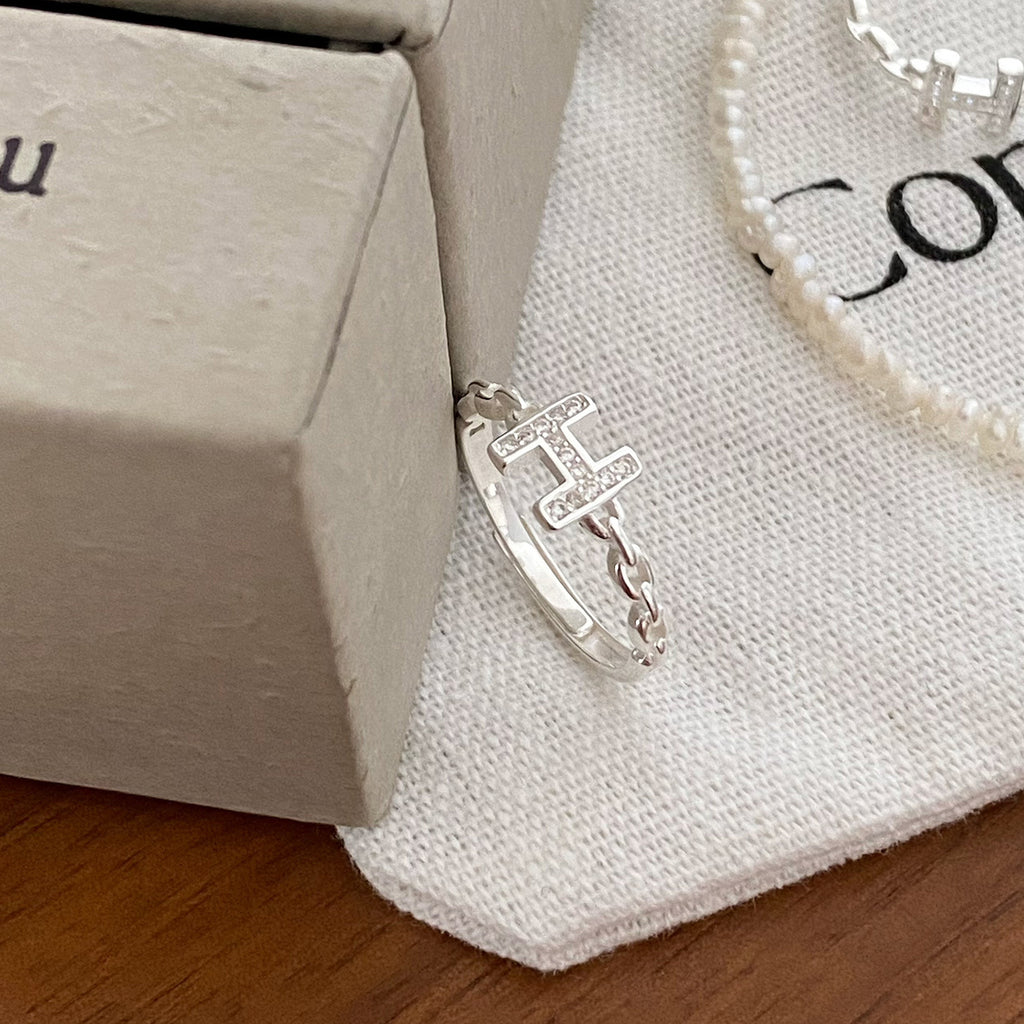 925 sterling silver H-letter open ring - silvery