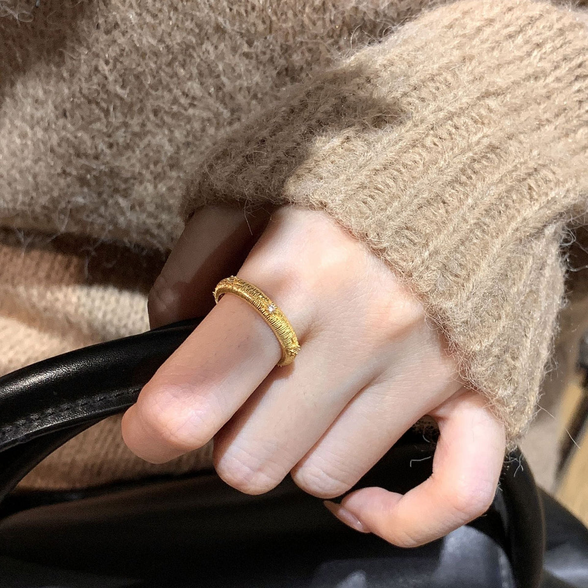 Vintage brushed stripe S925 sterling silver Zirconium flash ring