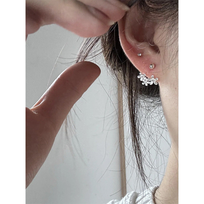 999 silver three small flower U-shaped earrings