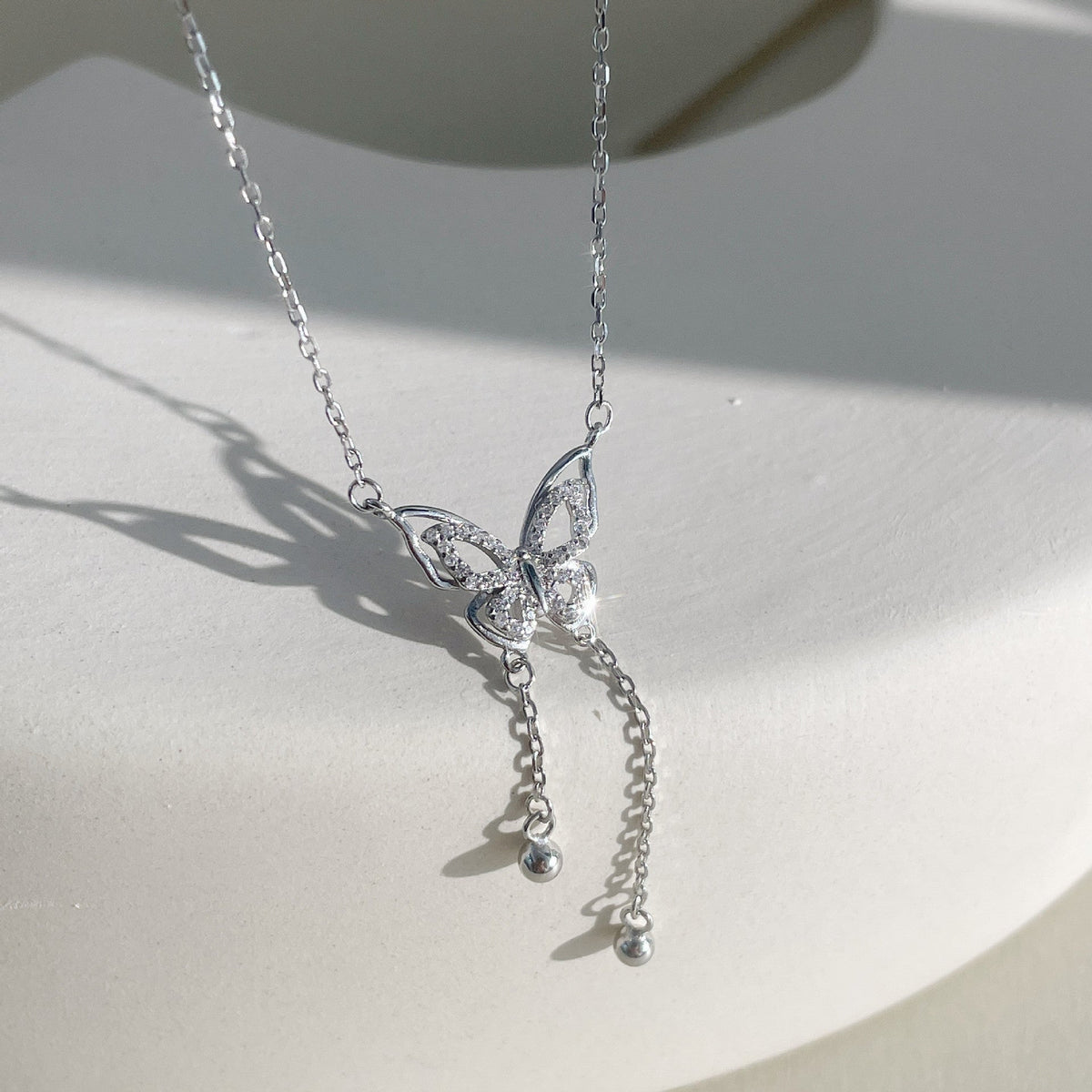 S925 sterling silver butterfly bead tassel necklace