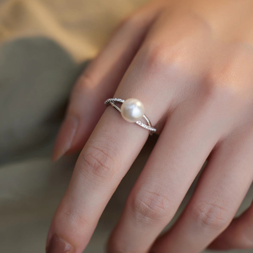 925 sterling silver imitation pearl ring - silvery