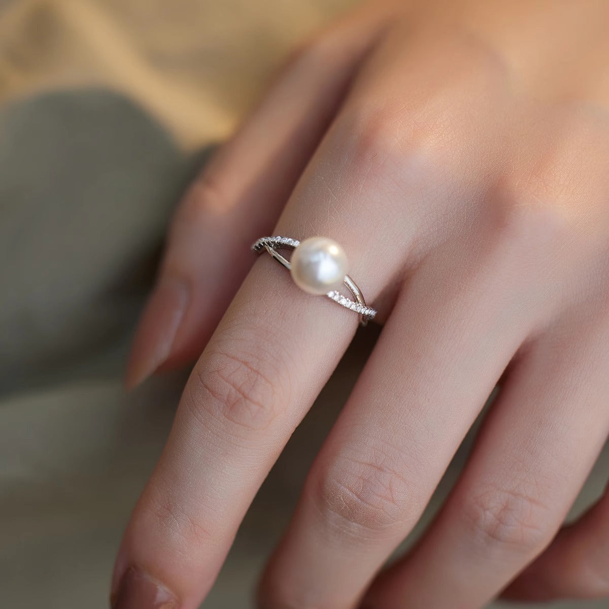 925 sterling silver imitation pearl ring - silvery