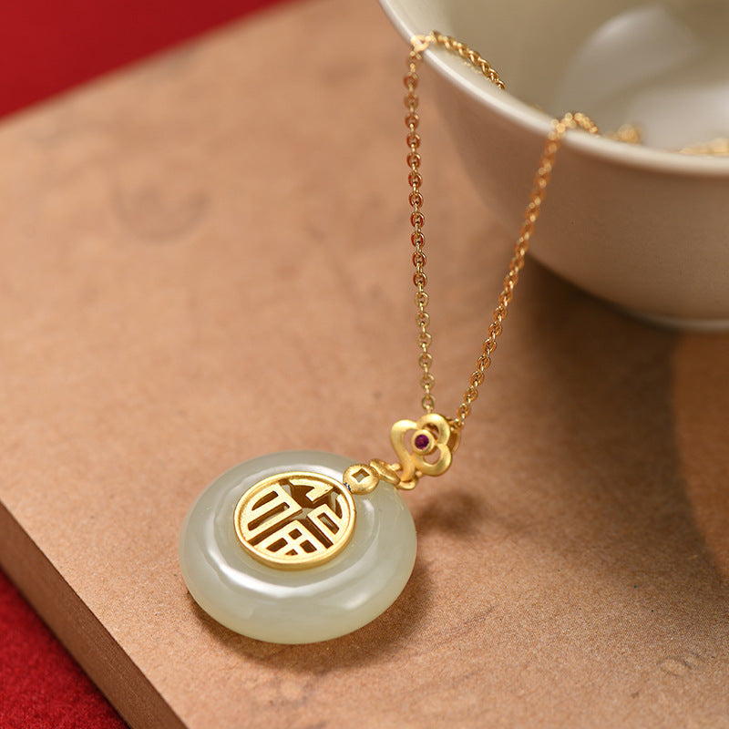 925 Sterling Silver Hotan Jade Pendant Necklace - Golden