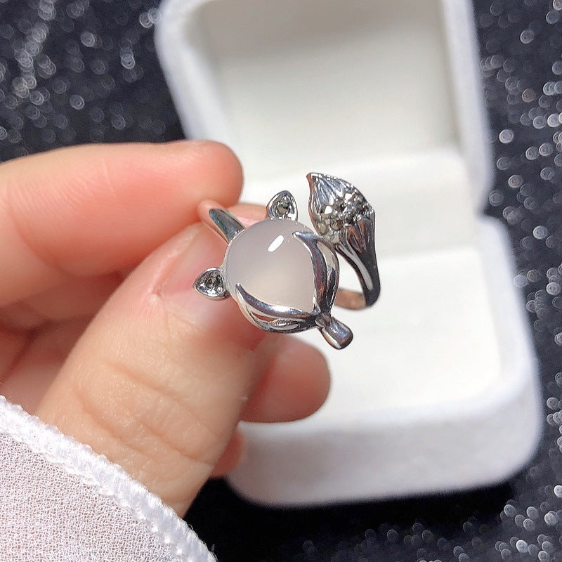 925 sterling silver white jade marrow fox opening ring - silvery