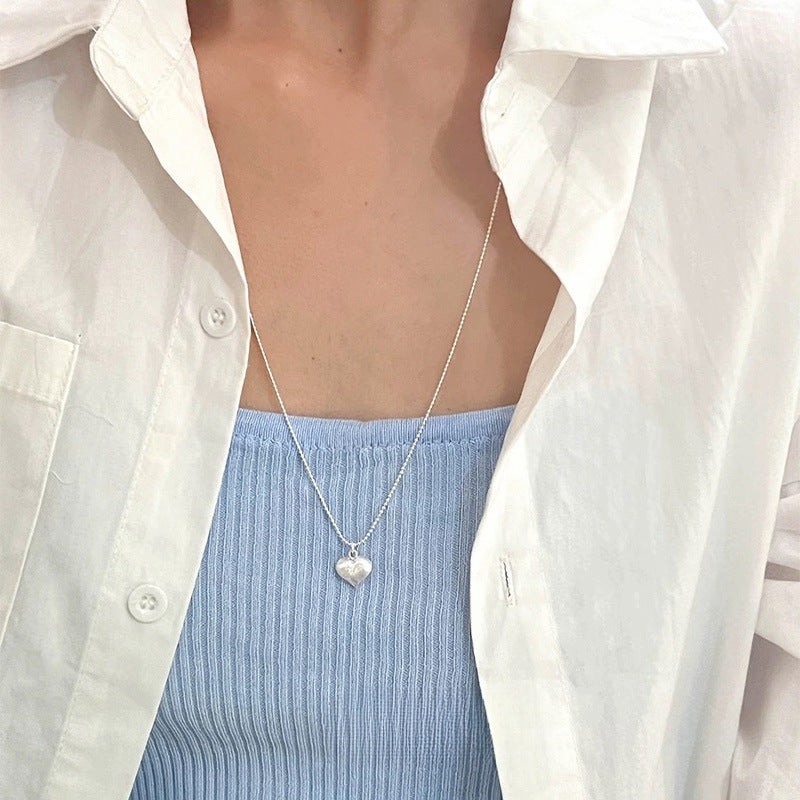  925 sterling silver heart-shaped pendant long necklace - silvery