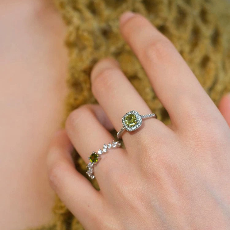 S925 pure silver olive green square zircon ring