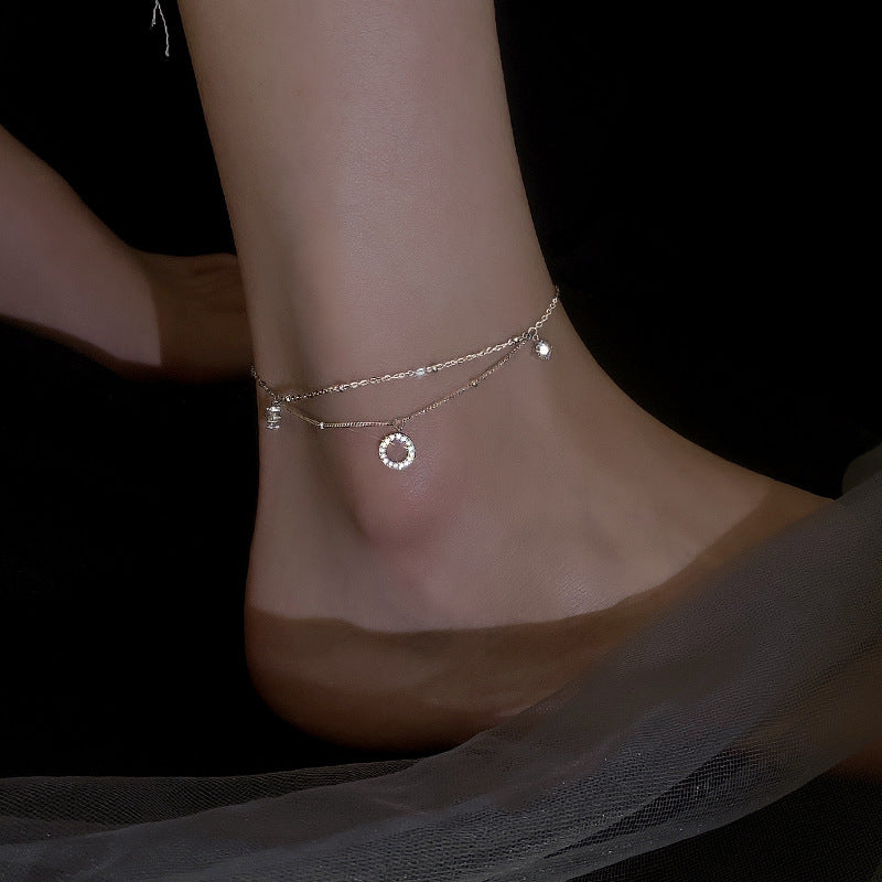 925 sterling silver ankle chain double layered - silvery