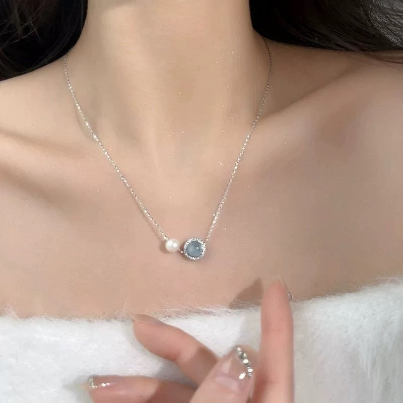 S925 Pure Silver Sea Blue Treasure Freshwater Pearl Necklace