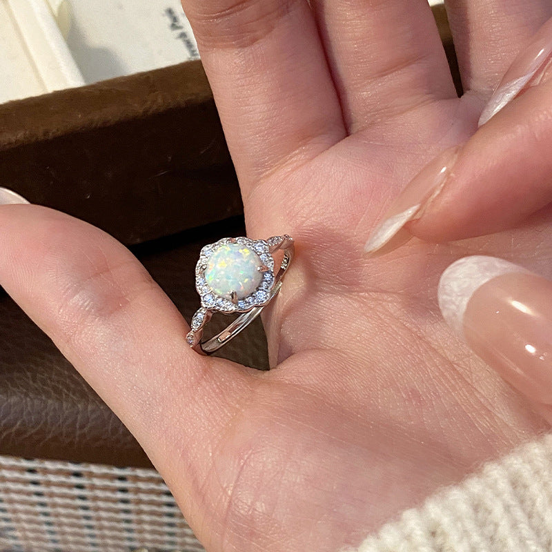 S925 sterling silver sparkling zirconium opal ring - silvery