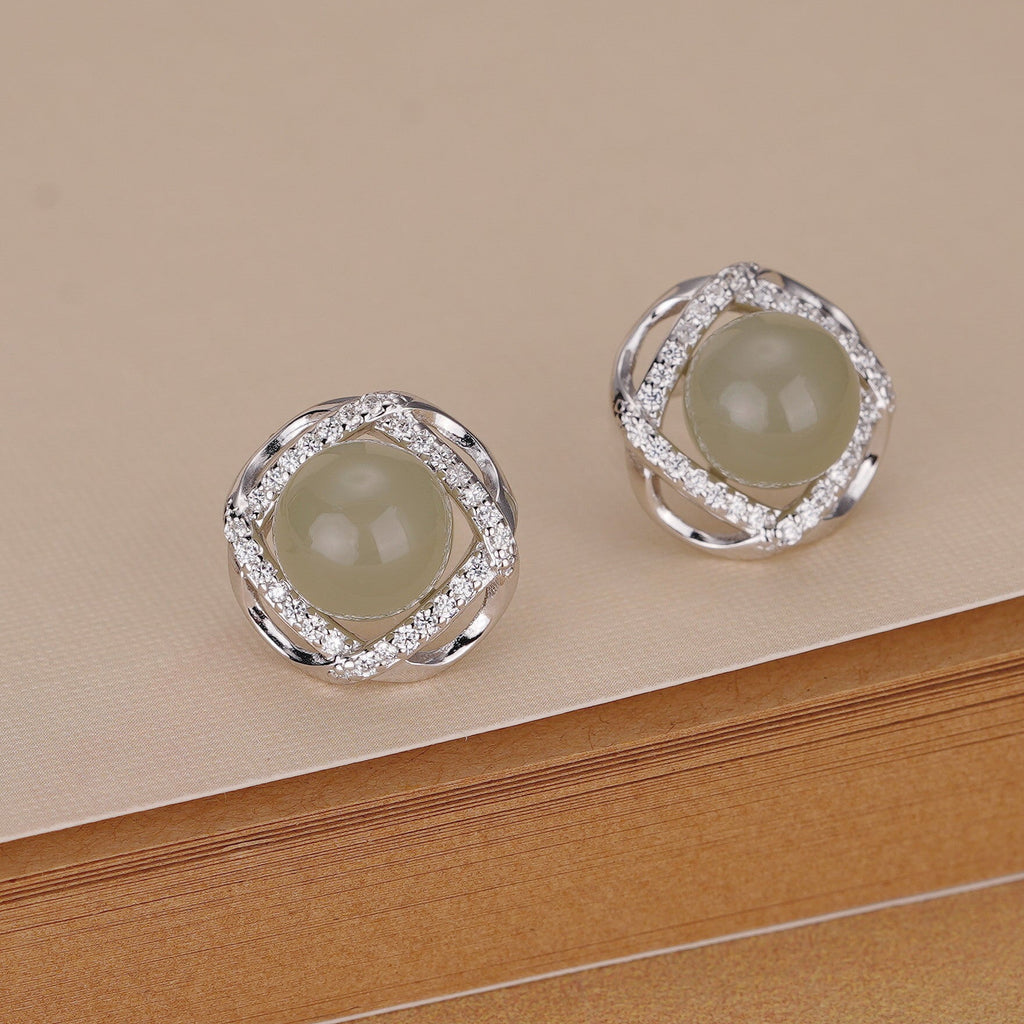 925 Sterling Silver Hotan Jade Earrings - Silvery