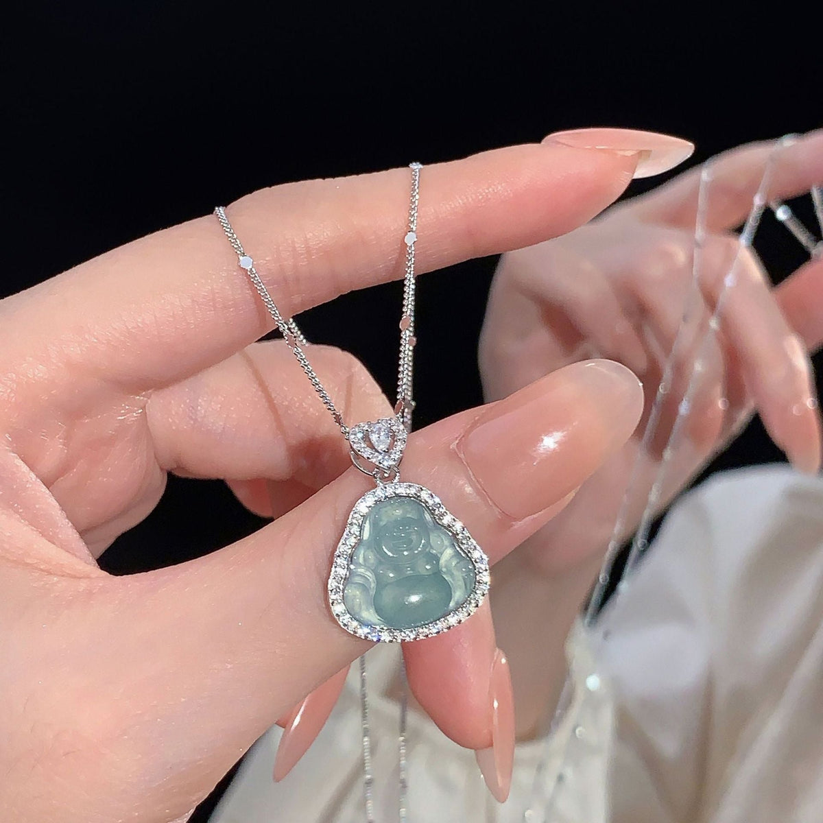 S925 pure silver jadeite Buddha pendant necklace- silvery