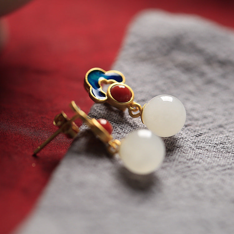 S925 Silver White Jade Pendant Earrings - Golden