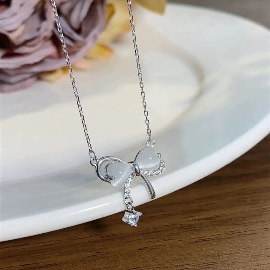 925 sterling silver bowknot pendant necklace - silvery