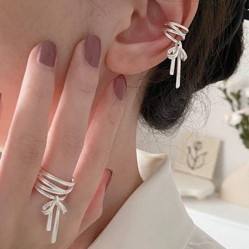 925 sterling silver ribbon bow ring - silvery