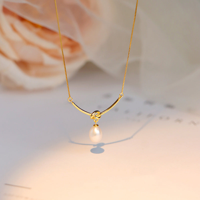 S925 pure silver single freshwater pearl knot necklace