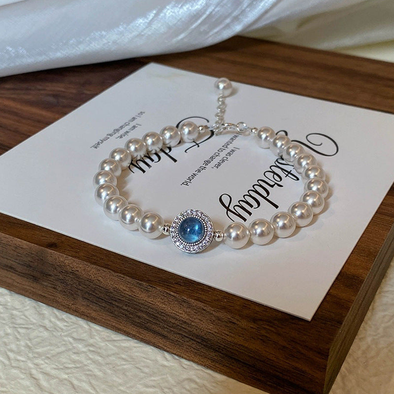 S925 sterling silver imitation pearl aquamarine bracelet