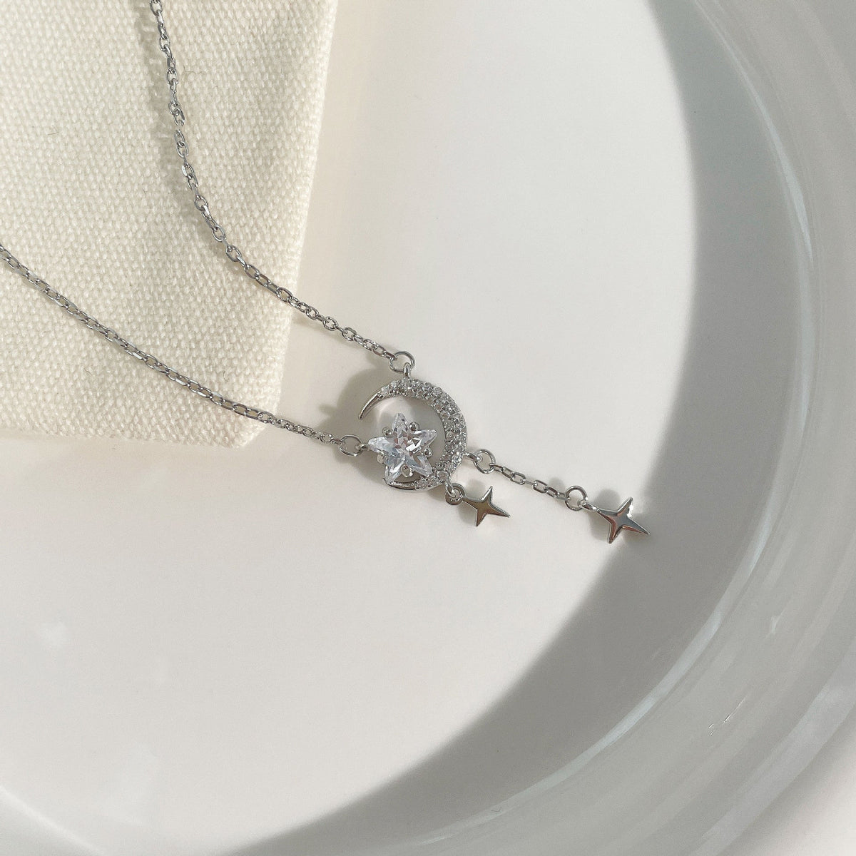 S925 sterling silver star and moon pendant necklace - silvery