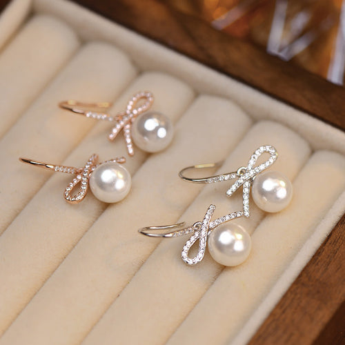925 sterling silver bow imitation pearl pendant earrings