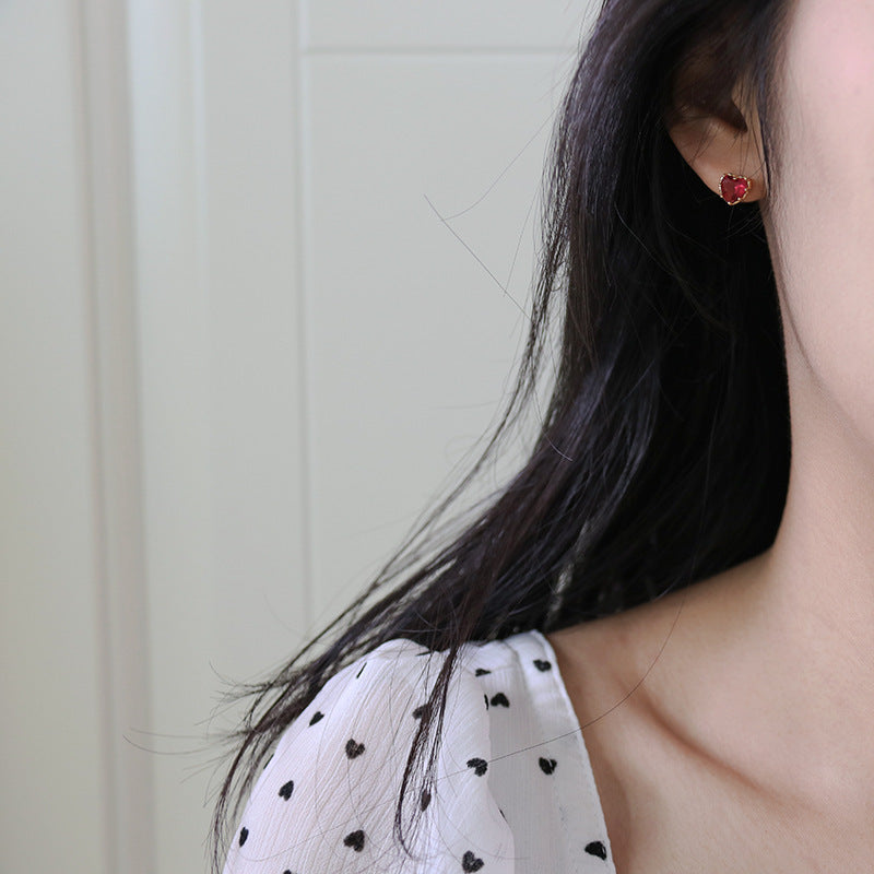S925 sterling silver red heart earrings - champagne golden