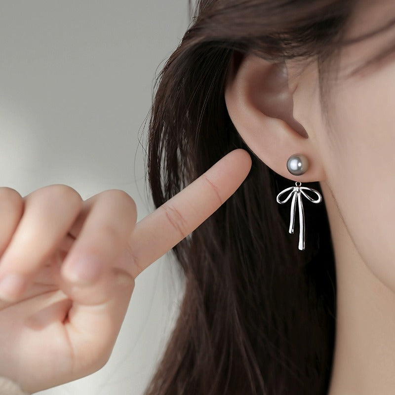 S925 sterling silver grey pearl earrings - silvery