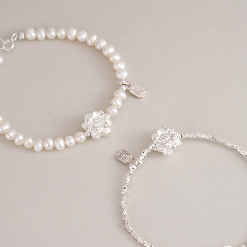 999 Silver Lotus Freshwater Pearl Bracelet - Silvery