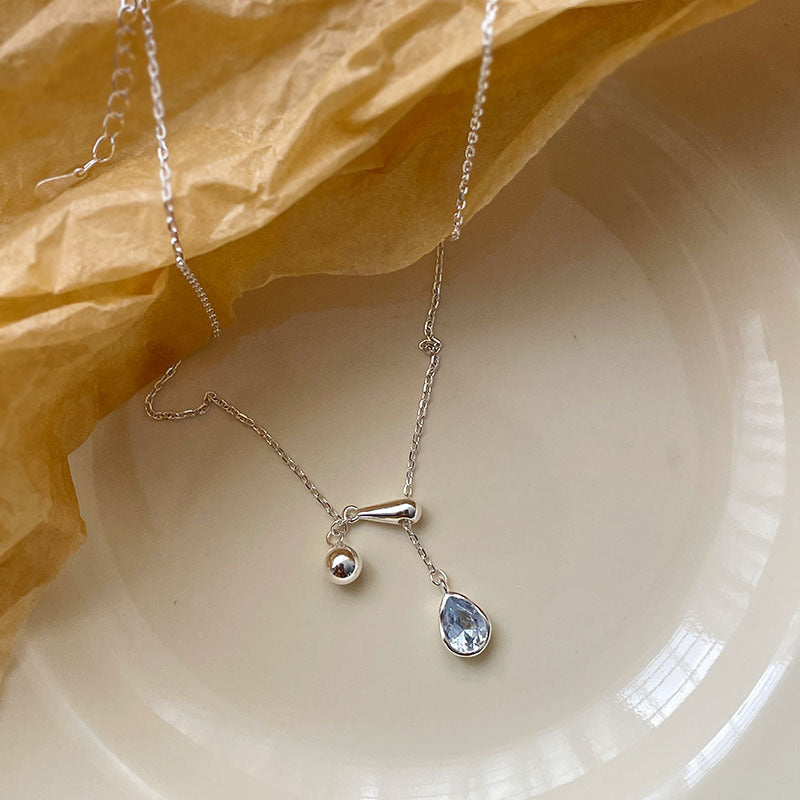 S925 Silver Blue Zirconia Water Drop Pendant Necklace - Silvery