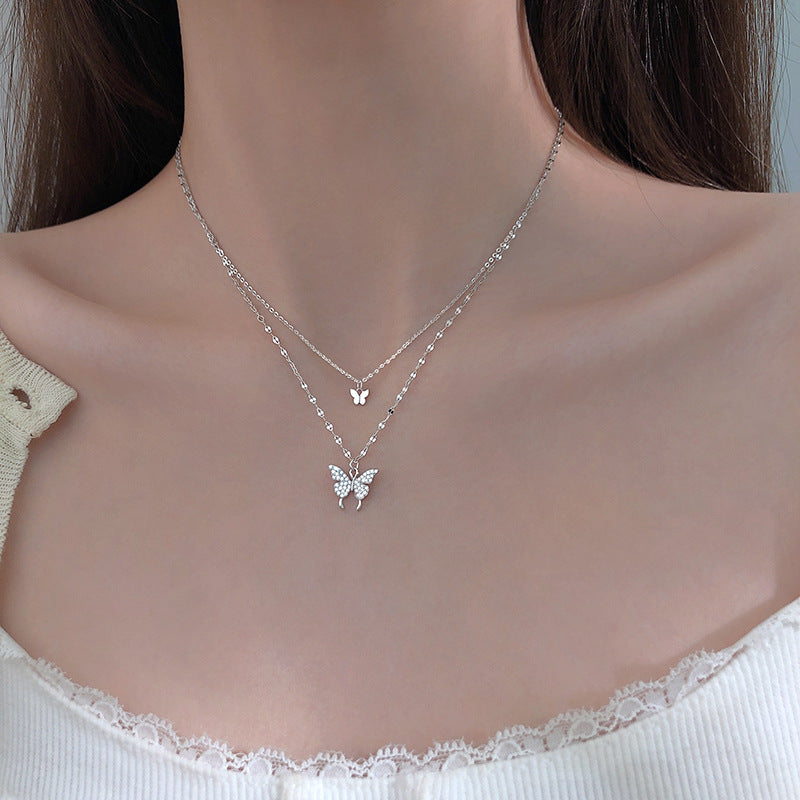925 sterling silver butterfly double layered necklace