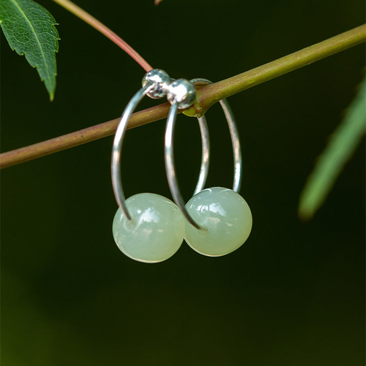 S925 Sterling Silver Natural Hotan Jade Earrings - Silver