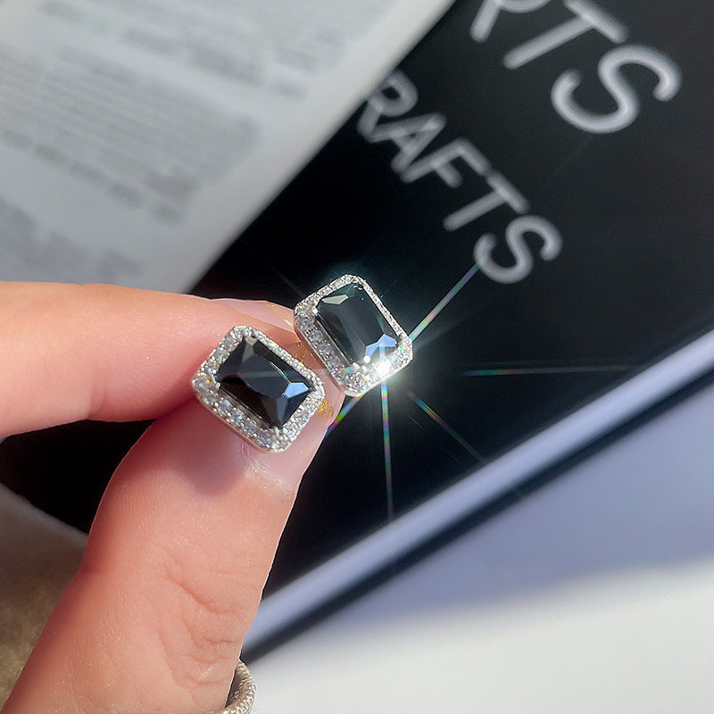 S925 sterling silver black zircon square earrings - silvery