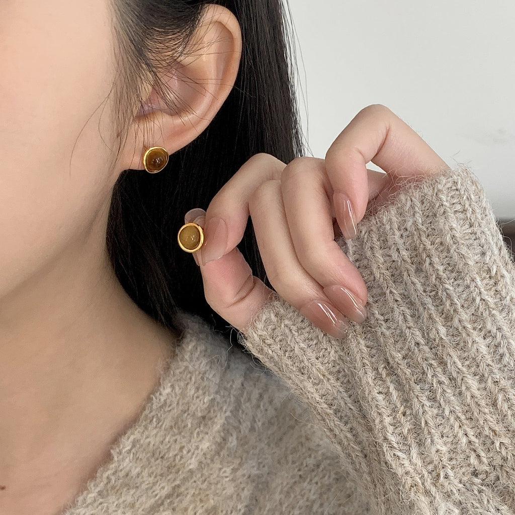 S925 sterling silver tiger eye stone earrings - golden