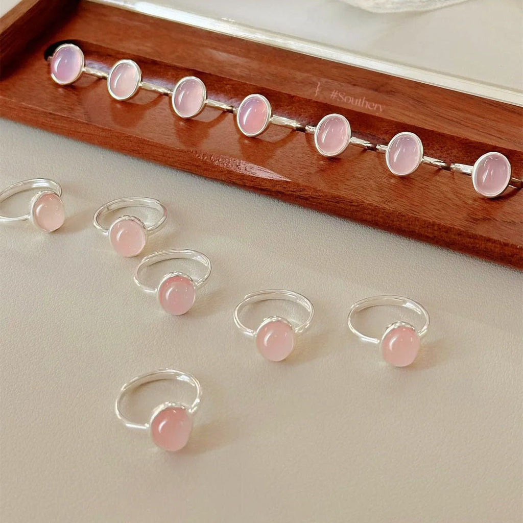 S925 sterling silver oval pink chalcedony ring - silvery