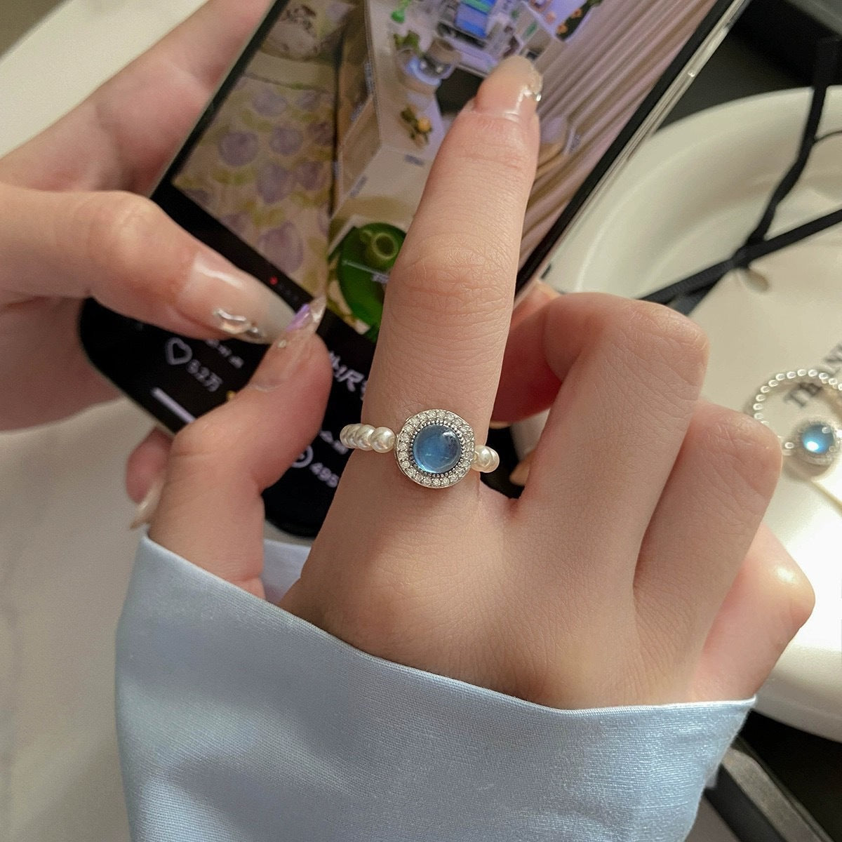 925 sterling silver pearl elastic rope ring